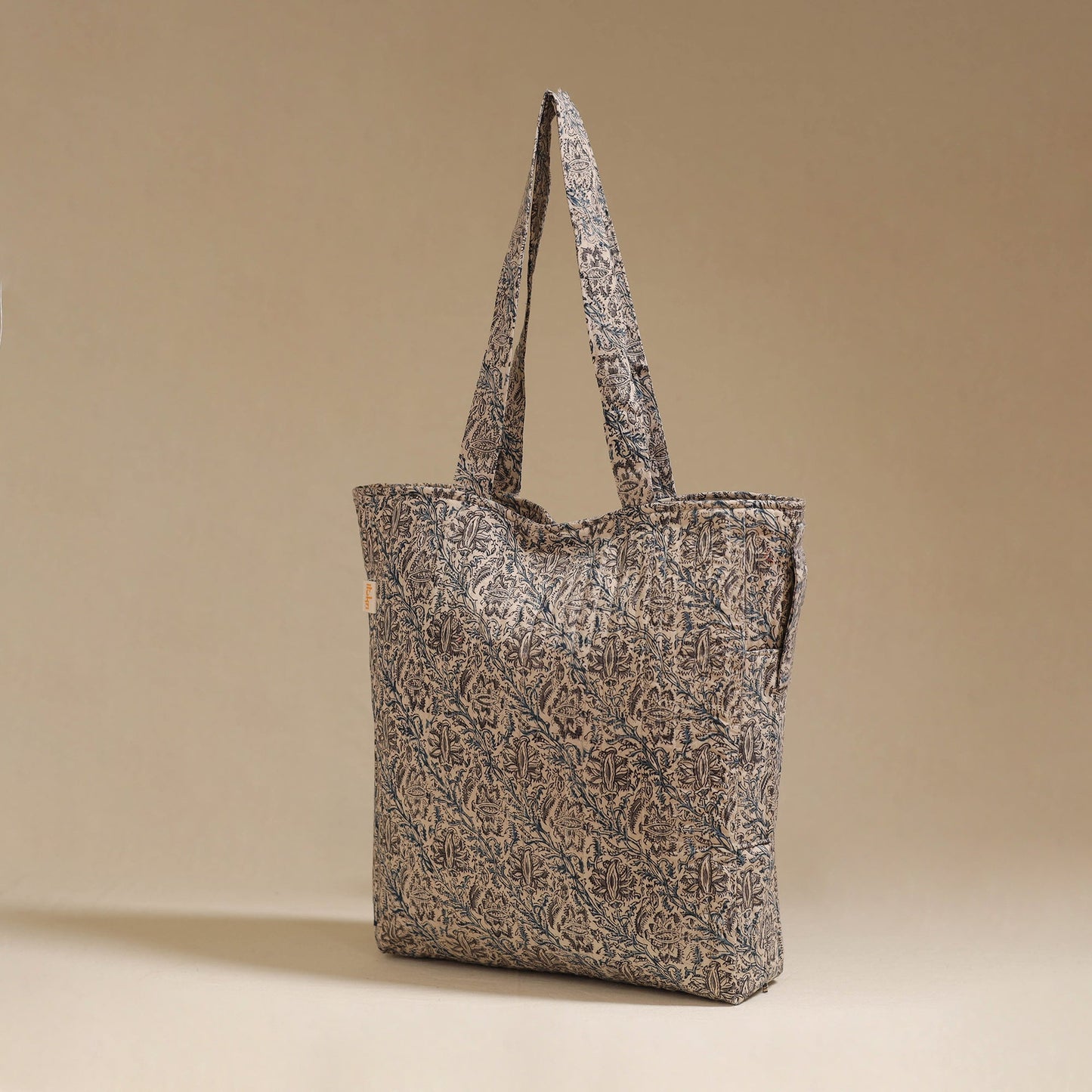 Handcrafted quilted kalamkari block printed fabric tote bag