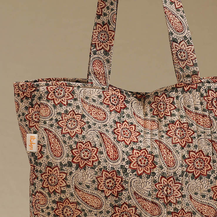 Handcrafted quilted kalamkari block printed fabric tote bag