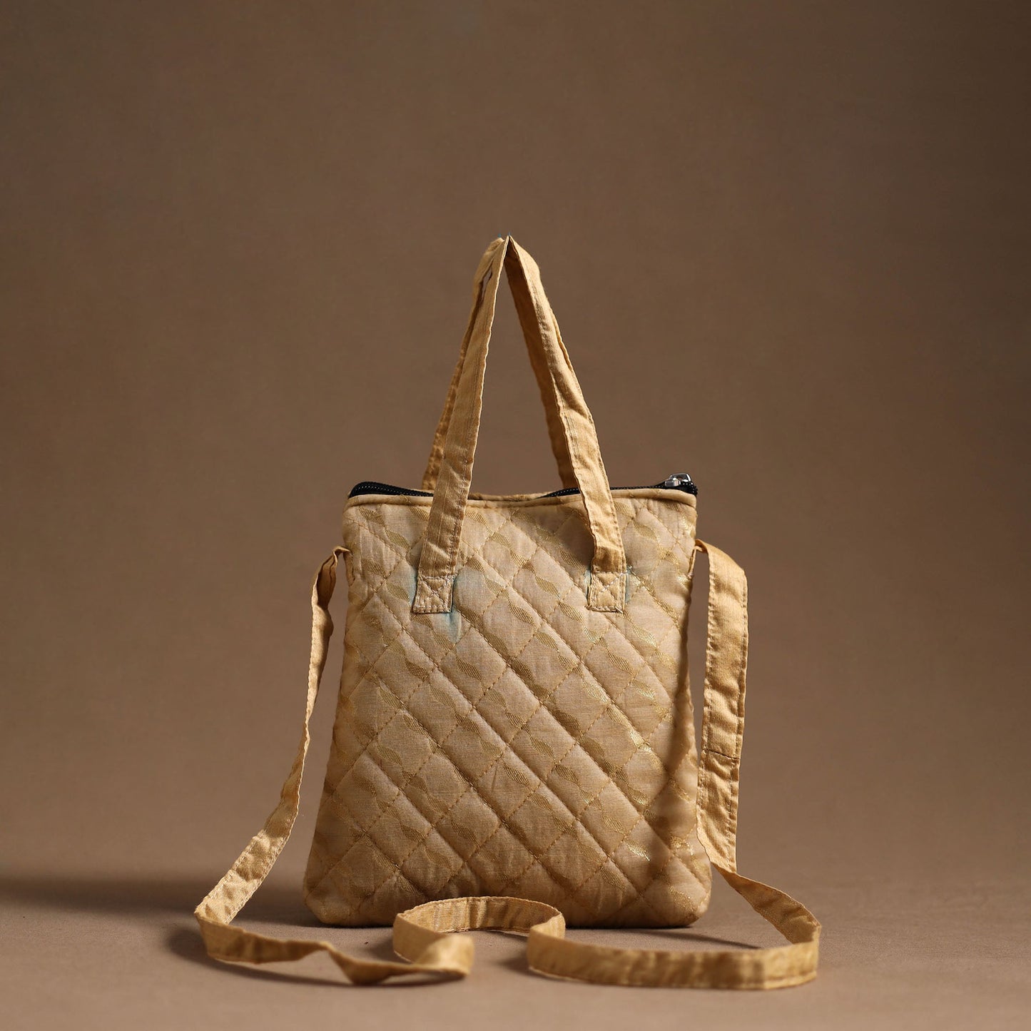 Beige - handcrafted quilted silk sling bag 11