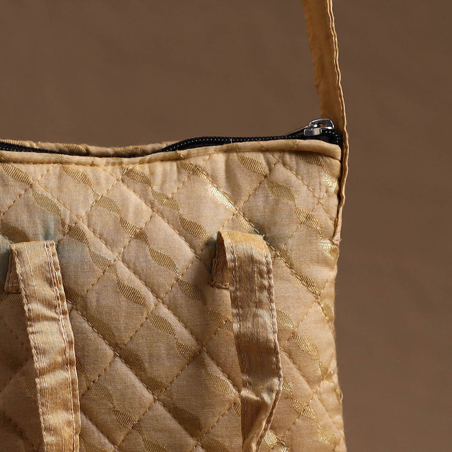 Beige - handcrafted quilted silk sling bag 11