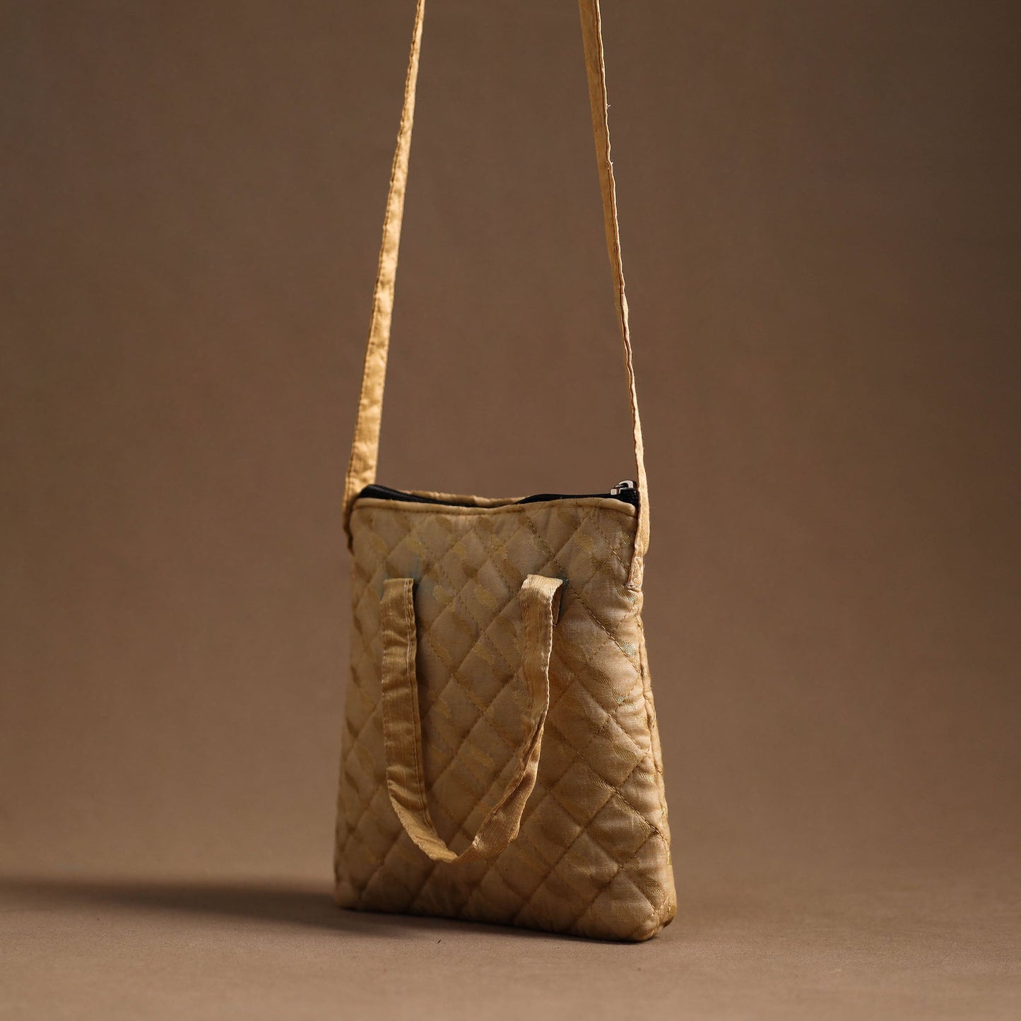 Beige - handcrafted quilted silk sling bag 11