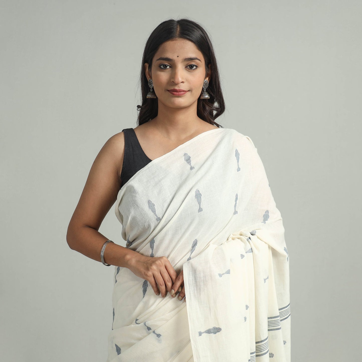 Beige - handloom cotton phulia jamdani saree with tassels