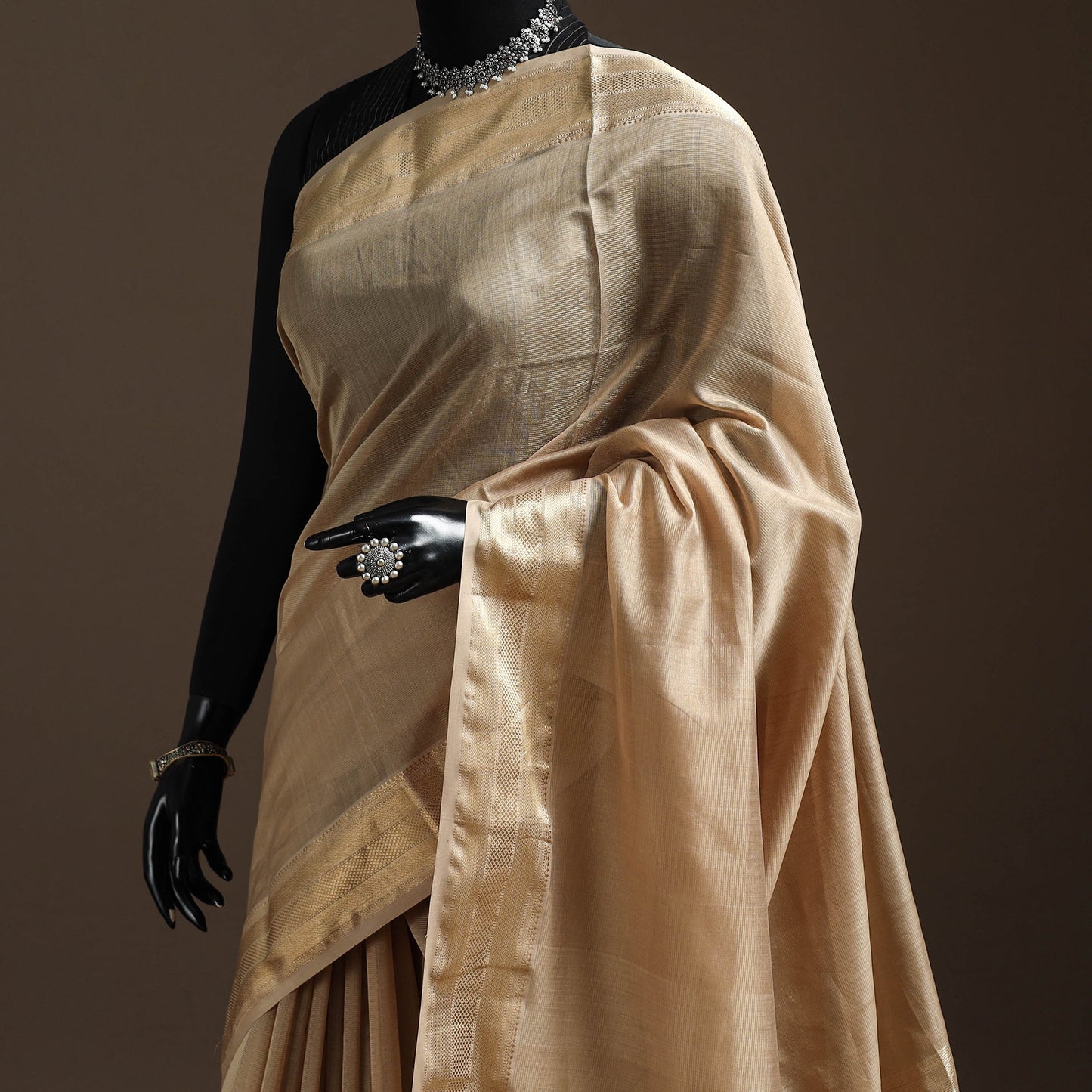Beige - handloom tissue zari maheshwari saree with border