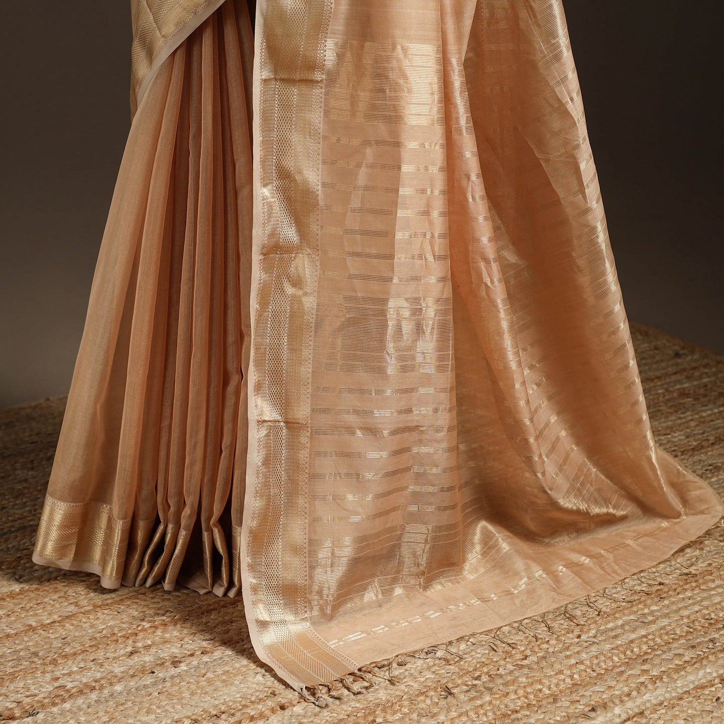 Beige - handloom tissue zari maheshwari saree with border