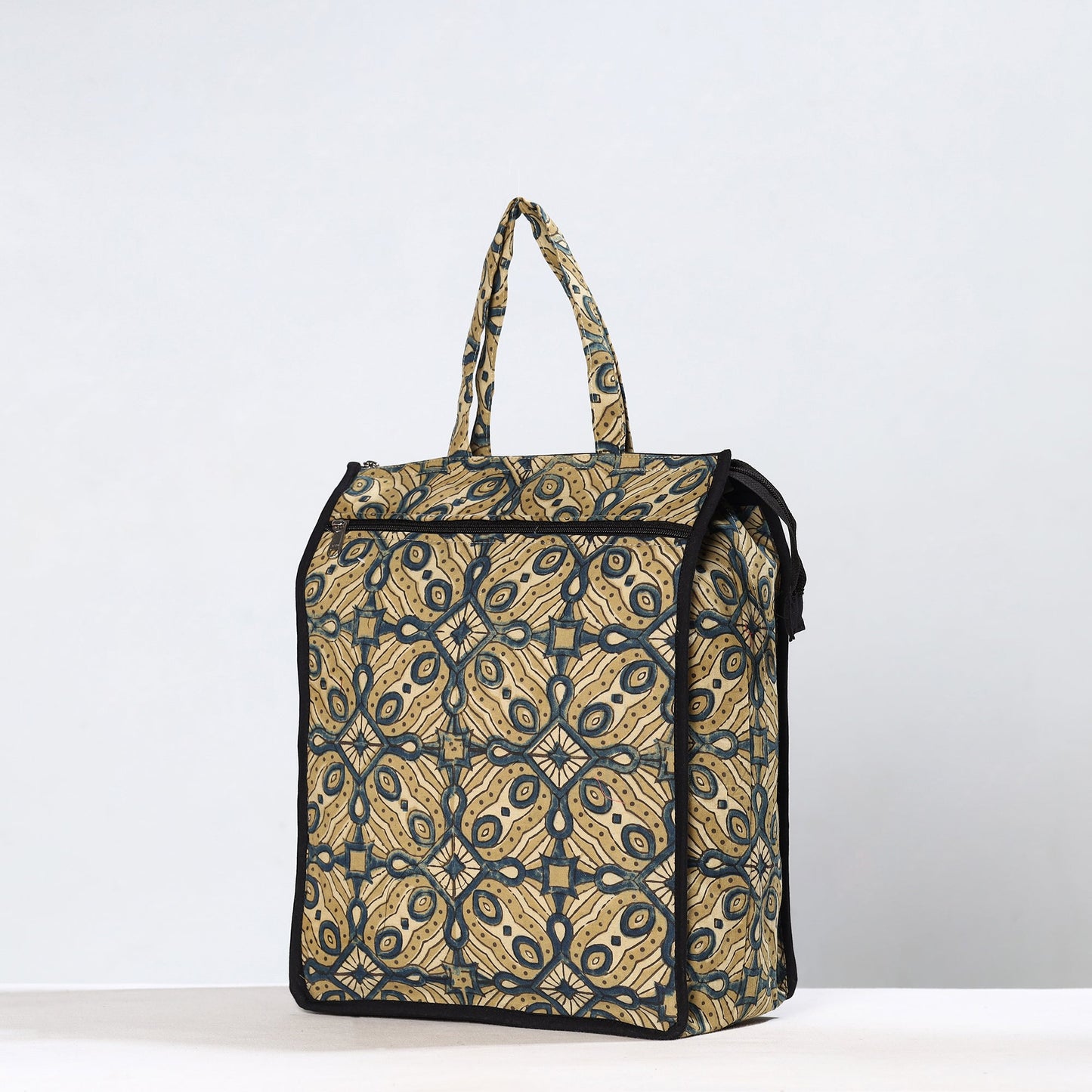 Beige Handmade Ajrakh Block Printed Cotton Shopping Bag 01