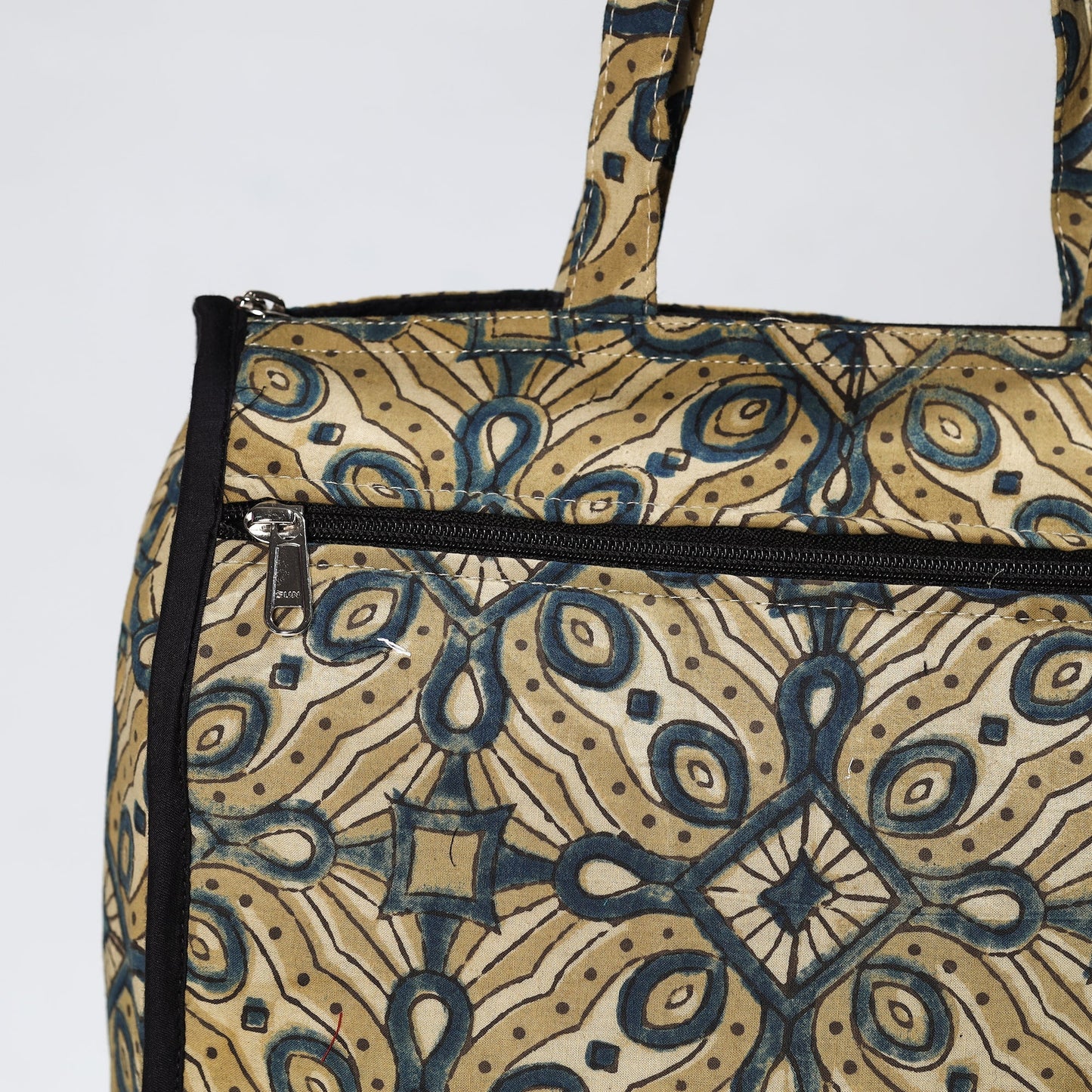 Beige Handmade Ajrakh Block Printed Cotton Shopping Bag 01
