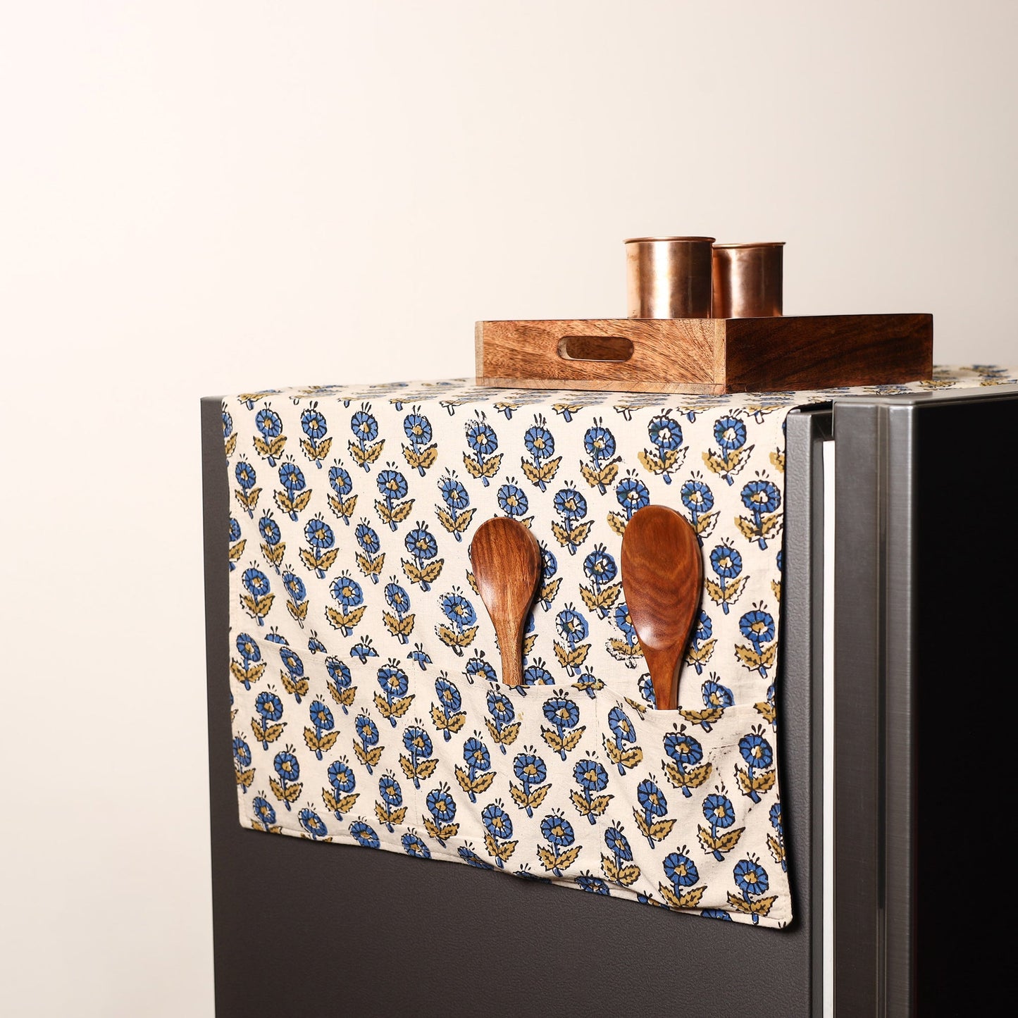 Beige Handmade Cotton Fridge Top Cover with Multiple Pockets