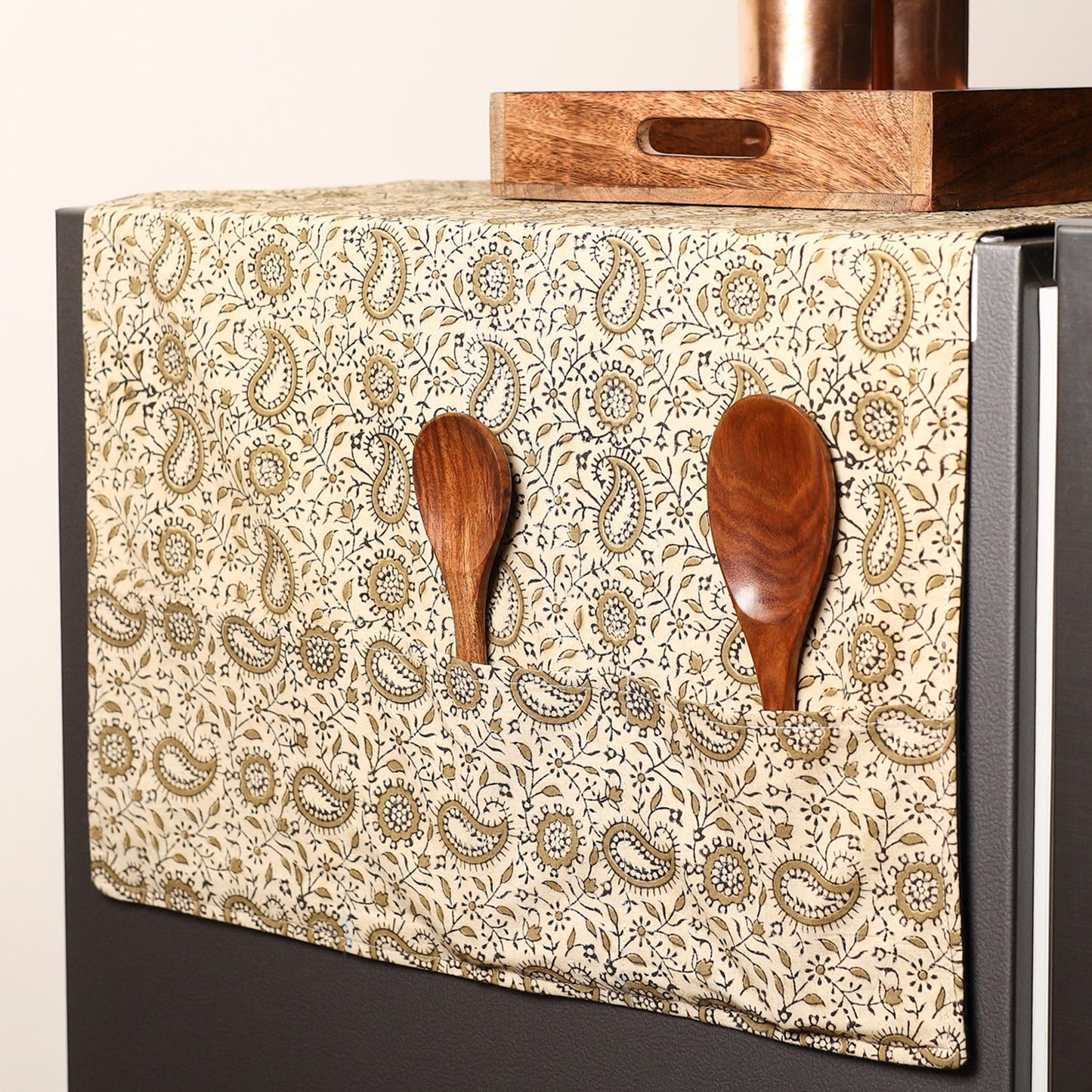 Beige Handmade Cotton Fridge Top Cover with Multiple Pockets