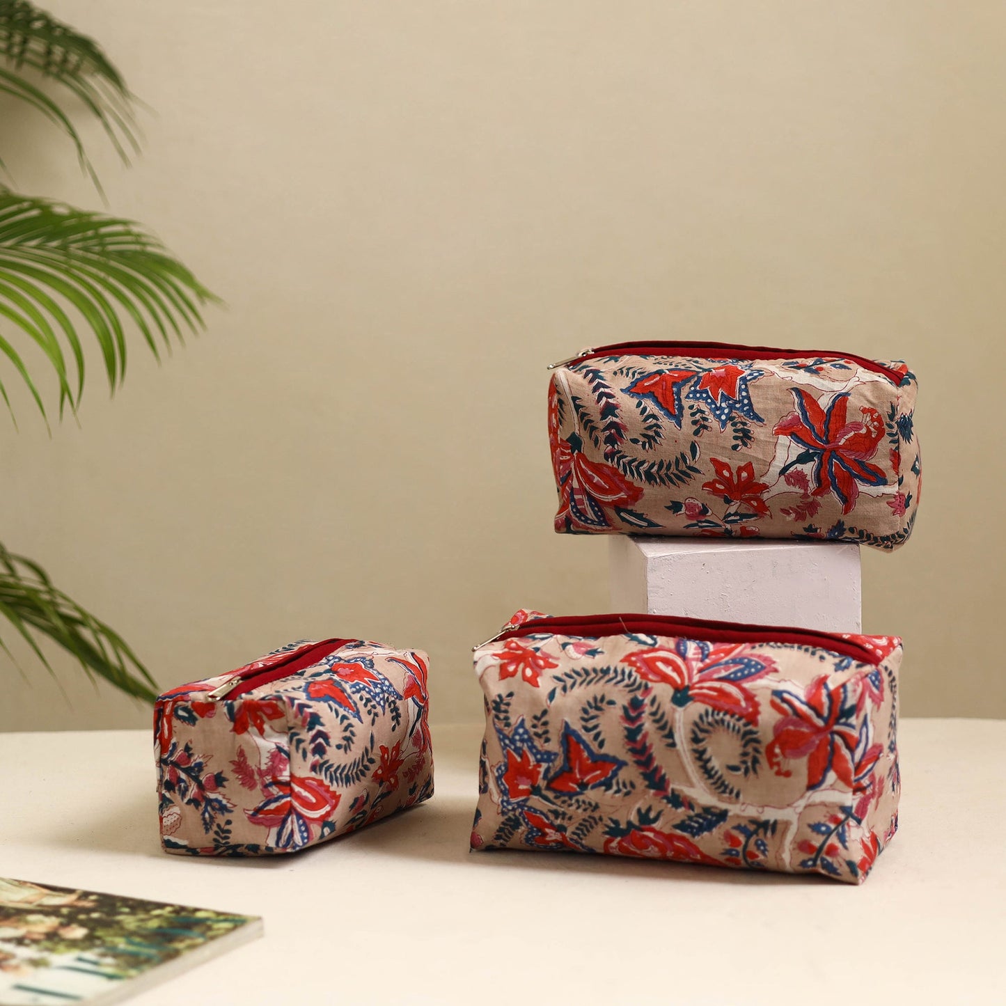 Beige Handmade Cotton Toiletry Bags (Set of 3)