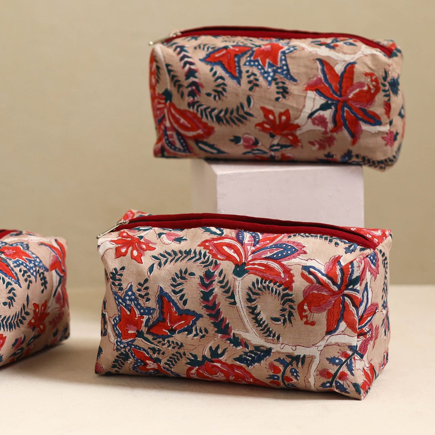 Beige Handmade Cotton Toiletry Bags (Set of 3)