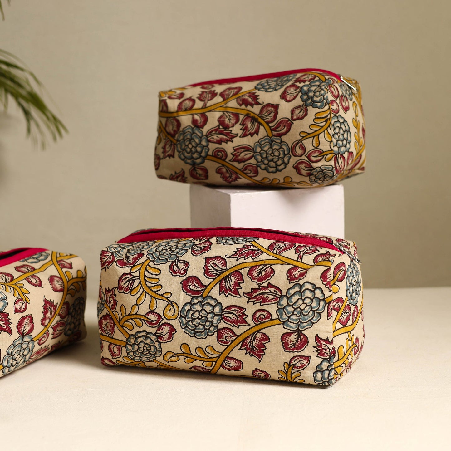 Beige Handmade Cotton Toiletry Bags (Set of 3)