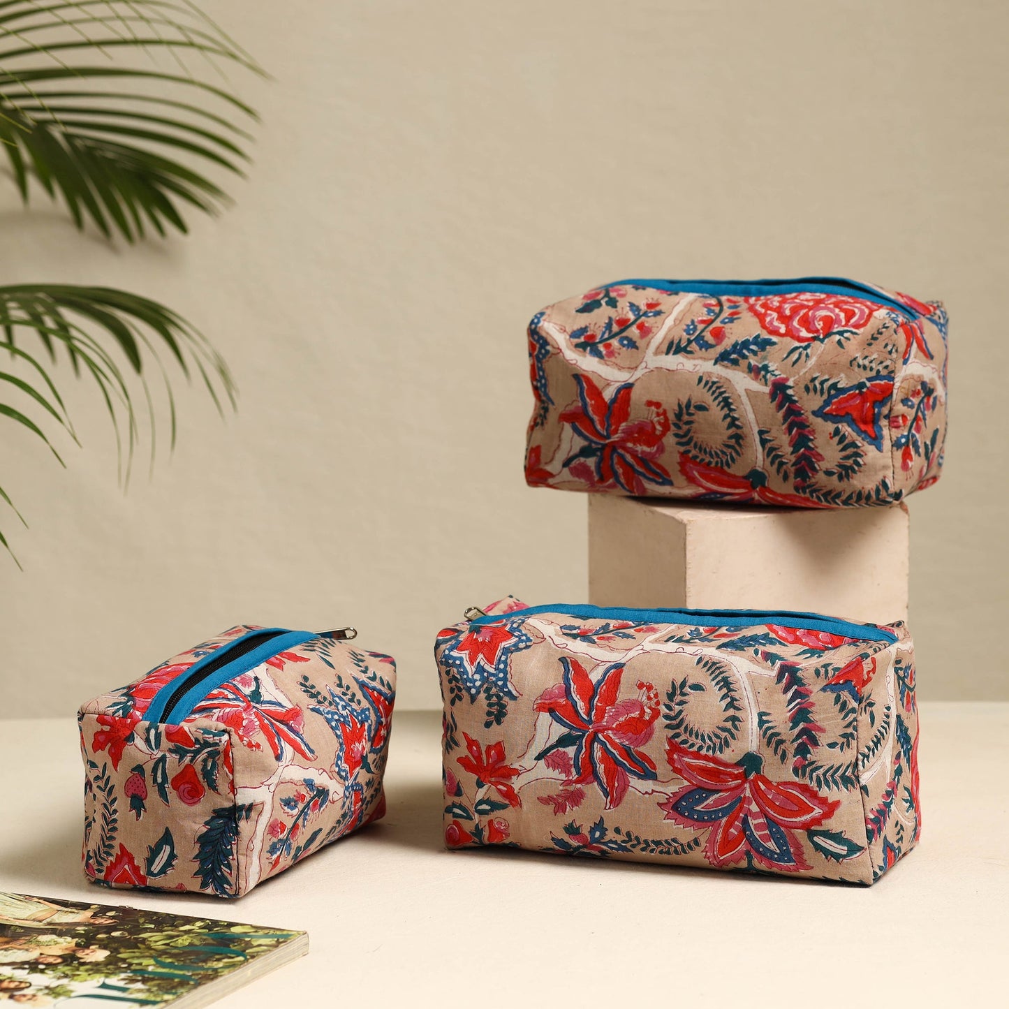 Beige Handmade Cotton Toiletry Bags (Set of 3)
