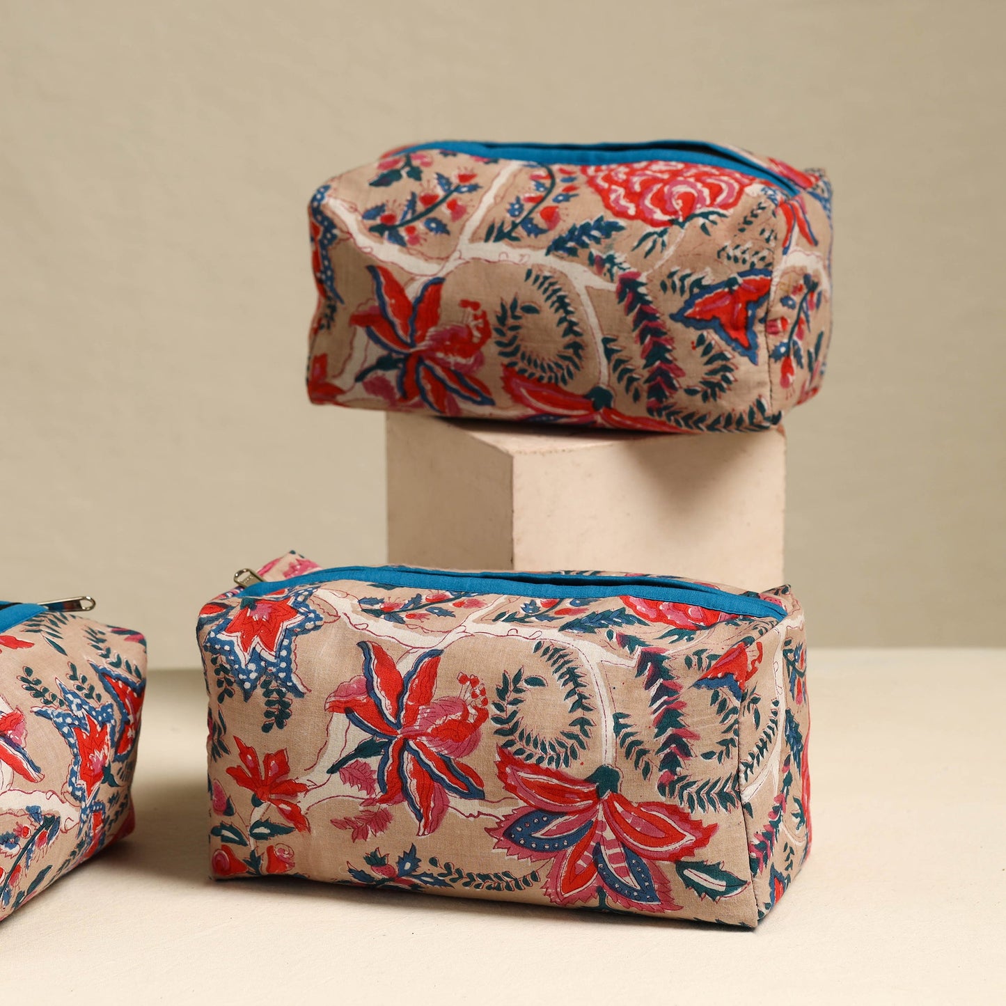 Beige Handmade Cotton Toiletry Bags (Set of 3)