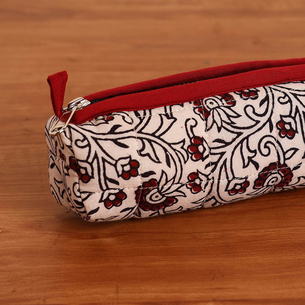 Beige Handmade Quilted Cotton Pencil Pouch