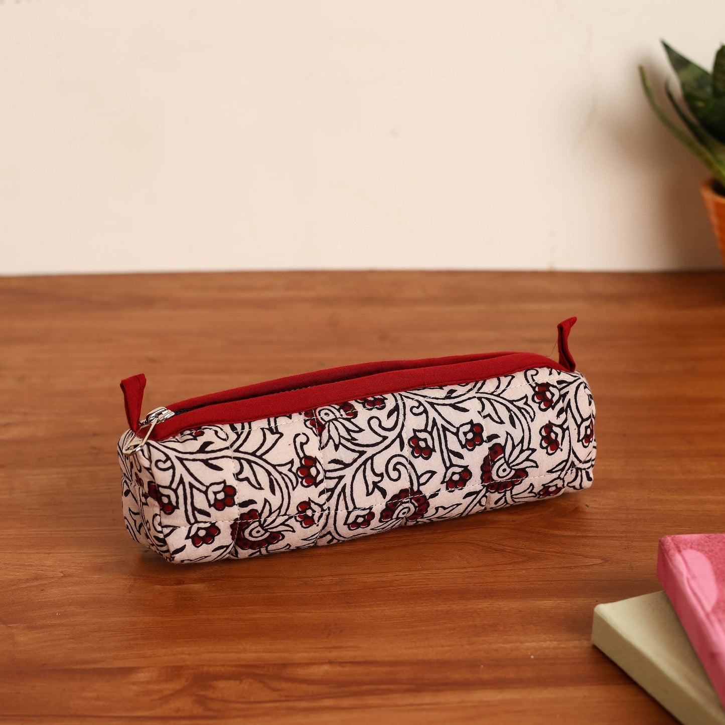 Beige Handmade Quilted Cotton Pencil Pouch