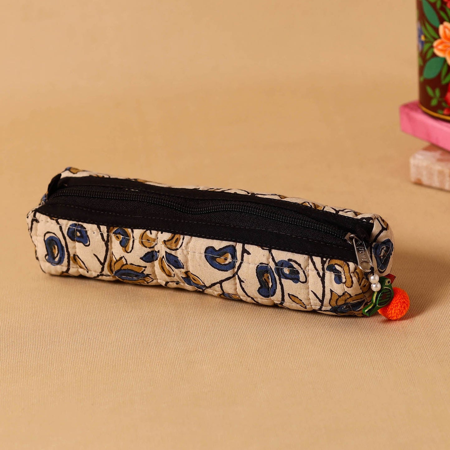 Beige Handmade Quilted Cotton Pencil Pouch
