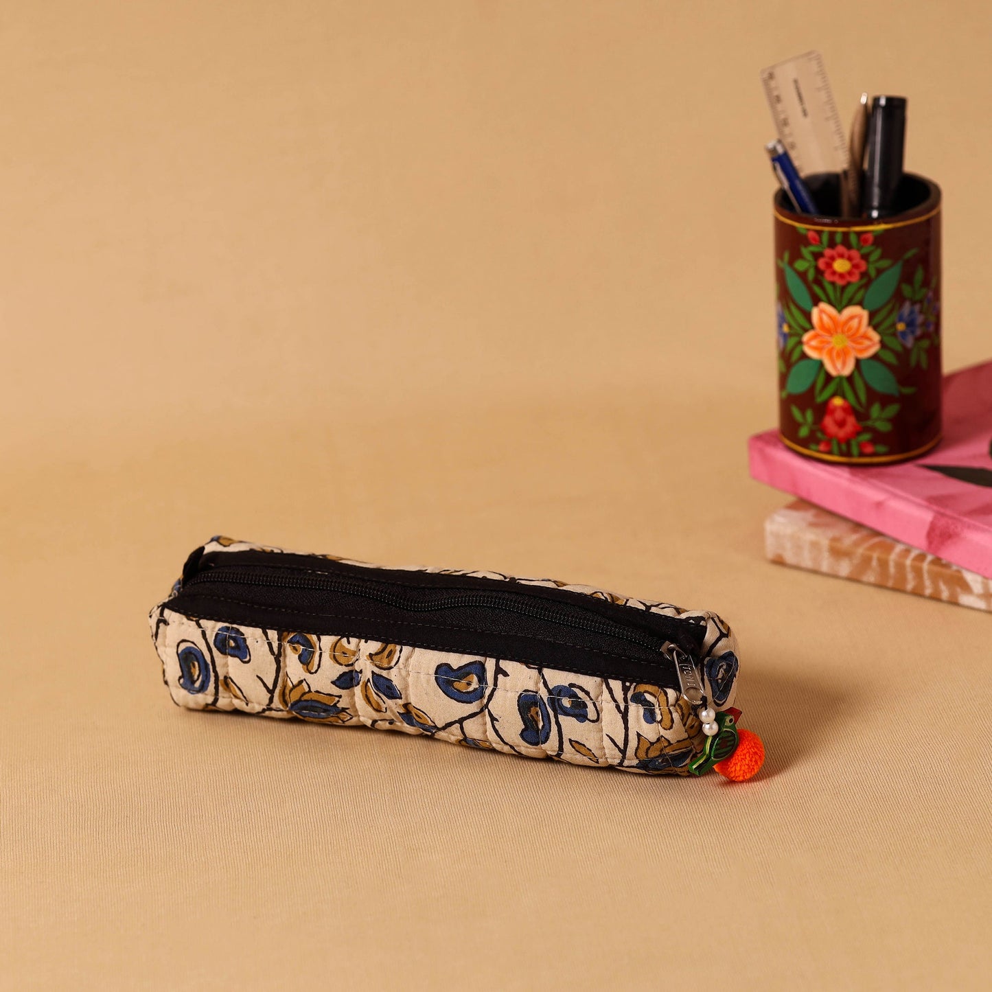 Beige Handmade Quilted Cotton Pencil Pouch