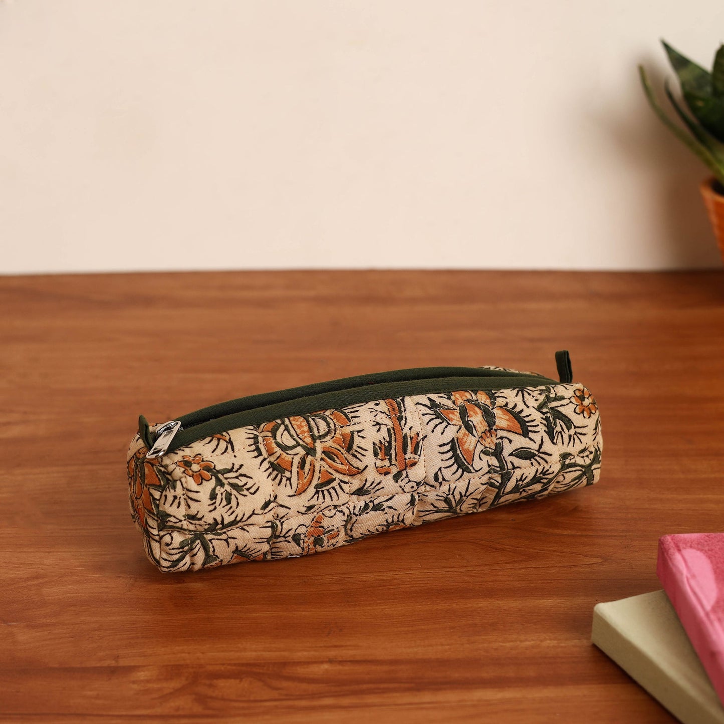 Beige Handmade Quilted Cotton Pencil Pouch