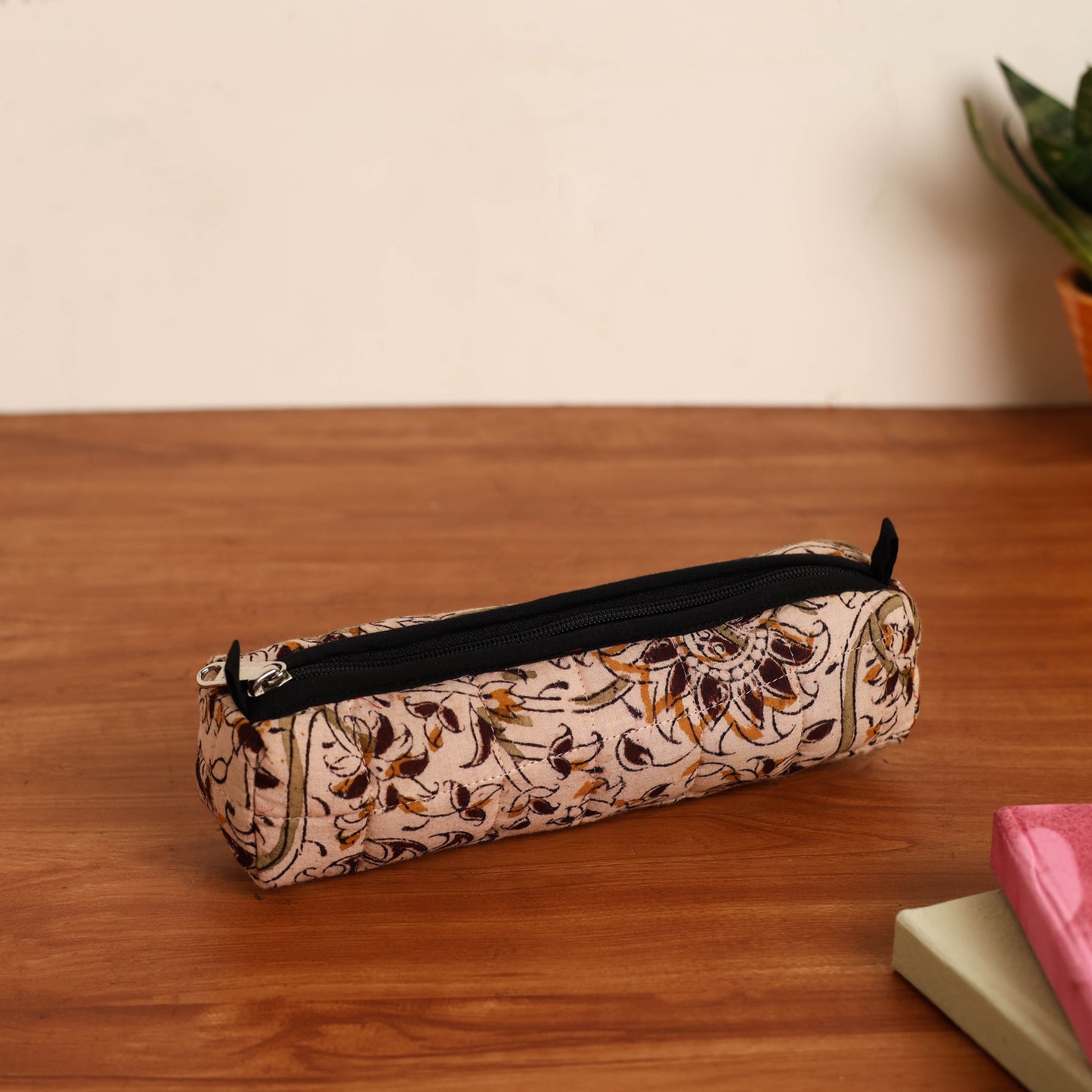 Beige Handmade Quilted Cotton Pencil Pouch