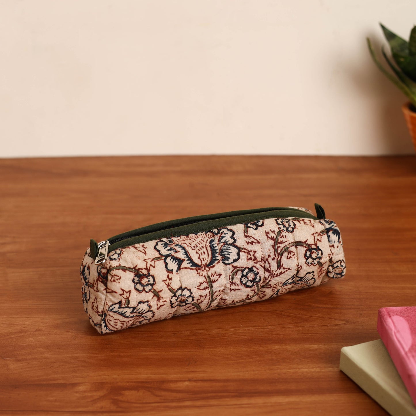 Beige Handmade Quilted Cotton Pencil Pouch