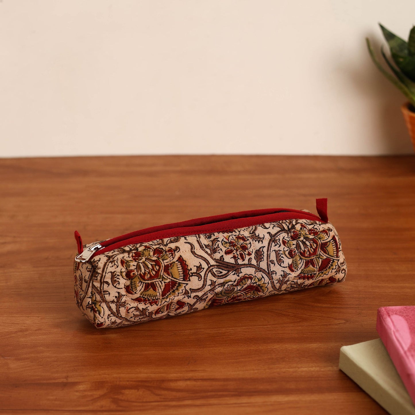 Beige Handmade Quilted Cotton Pencil Pouch