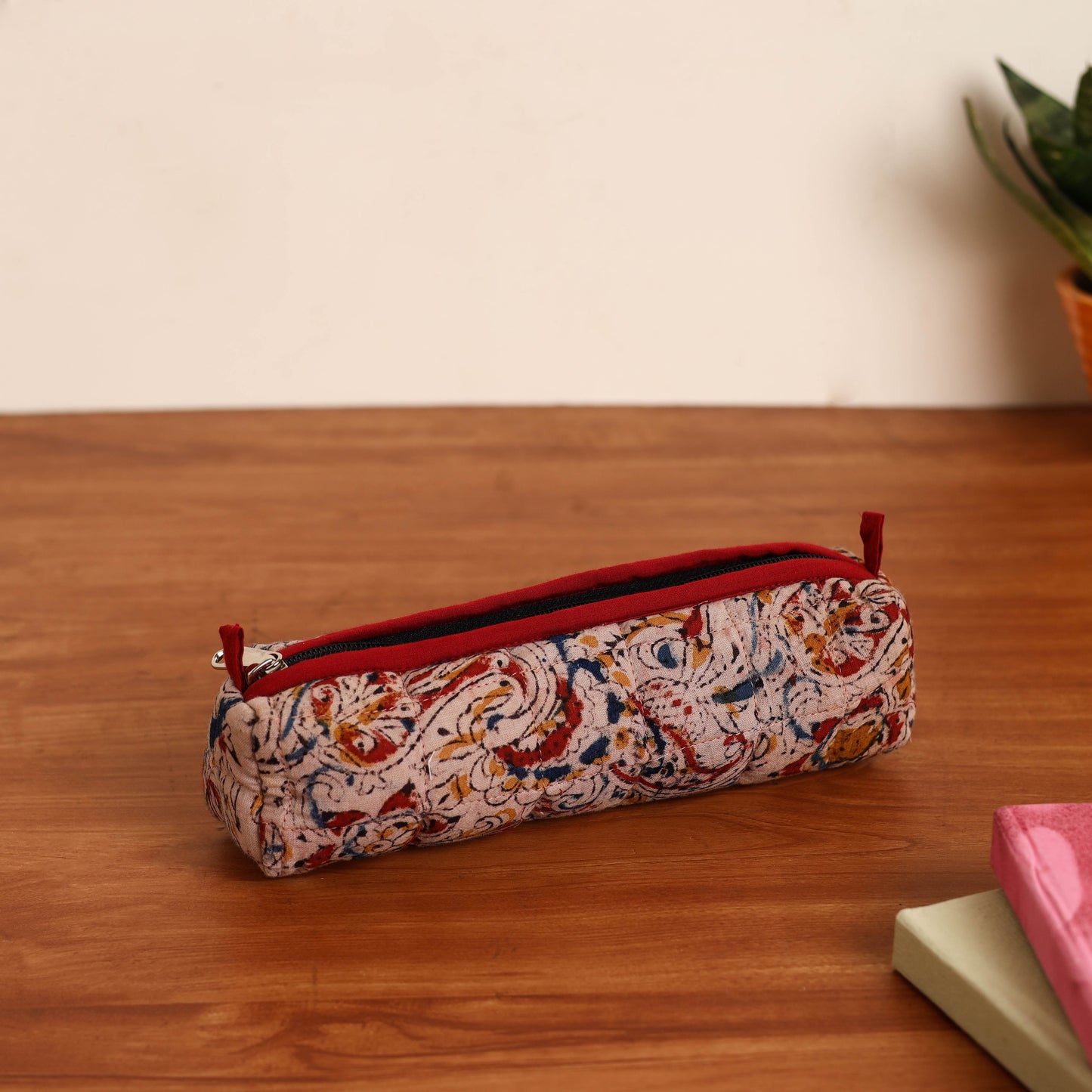 Beige Handmade Quilted Cotton Pencil Pouch