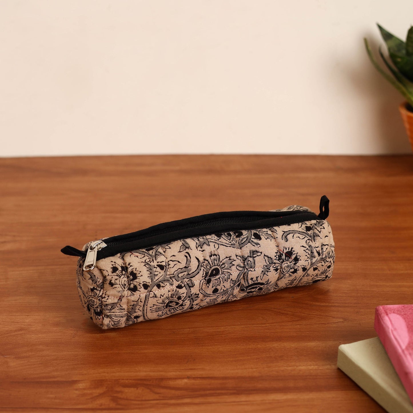Beige Handmade Quilted Cotton Pencil Pouch