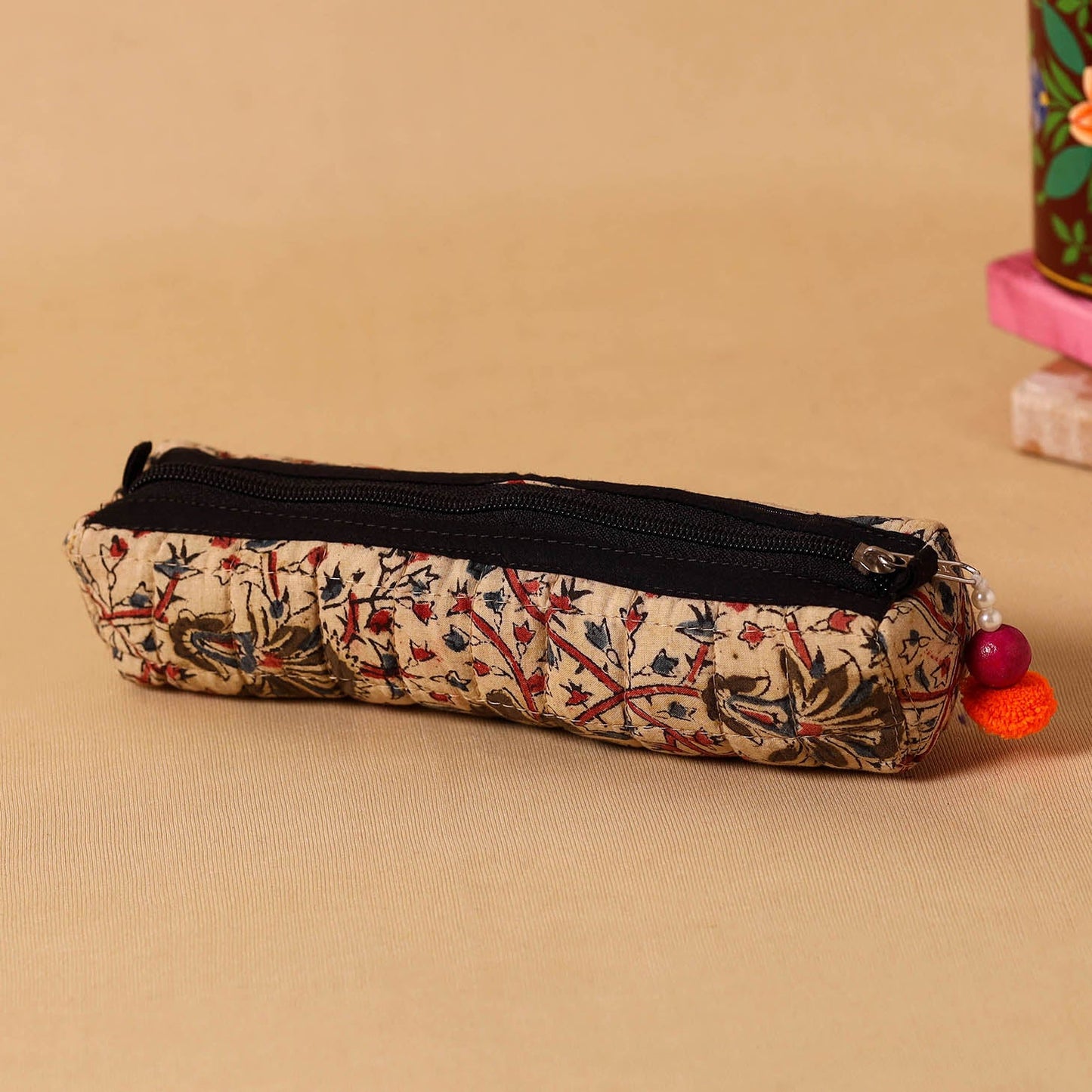 Beige Handmade Quilted Cotton Pencil Pouch