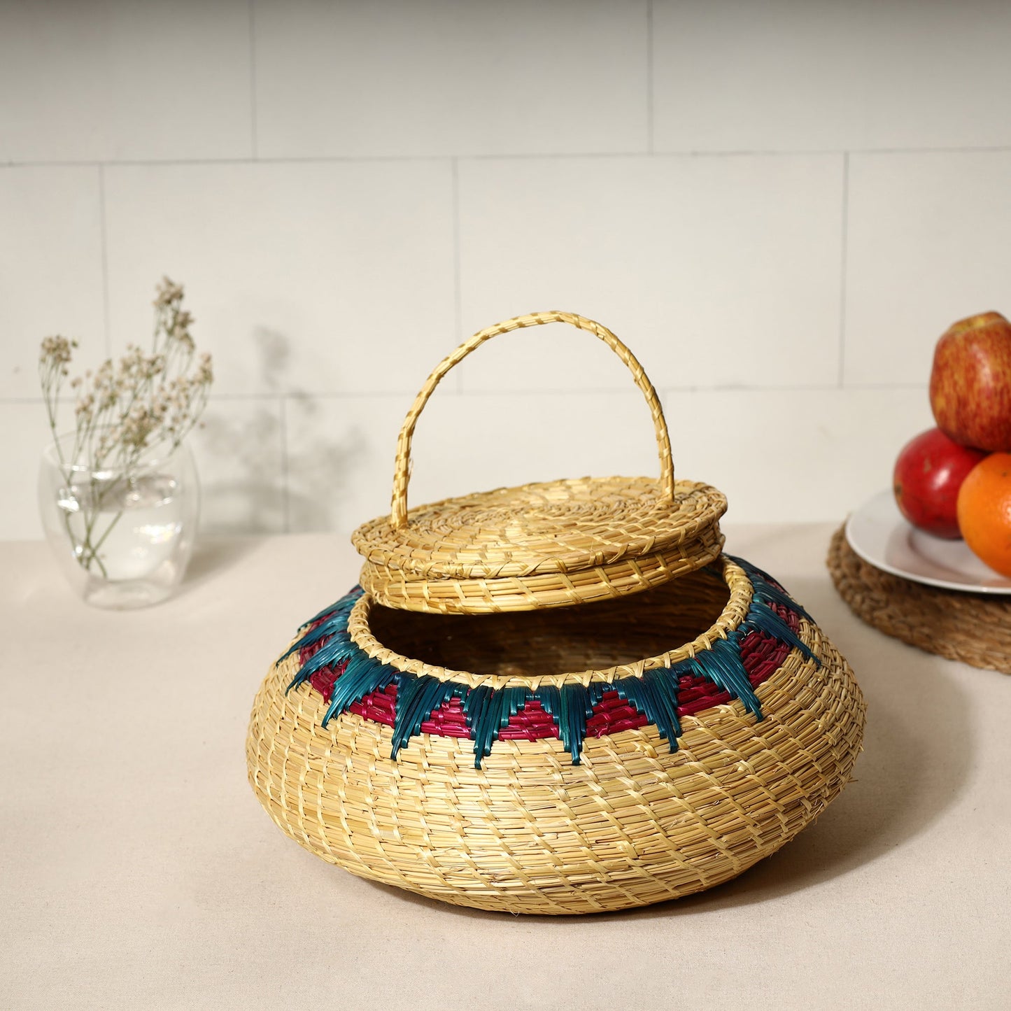 Beige Handmade Sikki Grass Multipurpose Basket with Lid