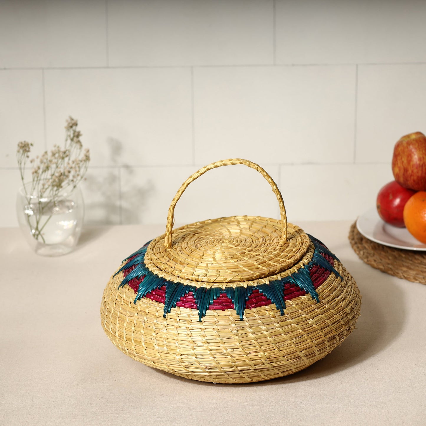 Beige Handmade Sikki Grass Multipurpose Basket with Lid