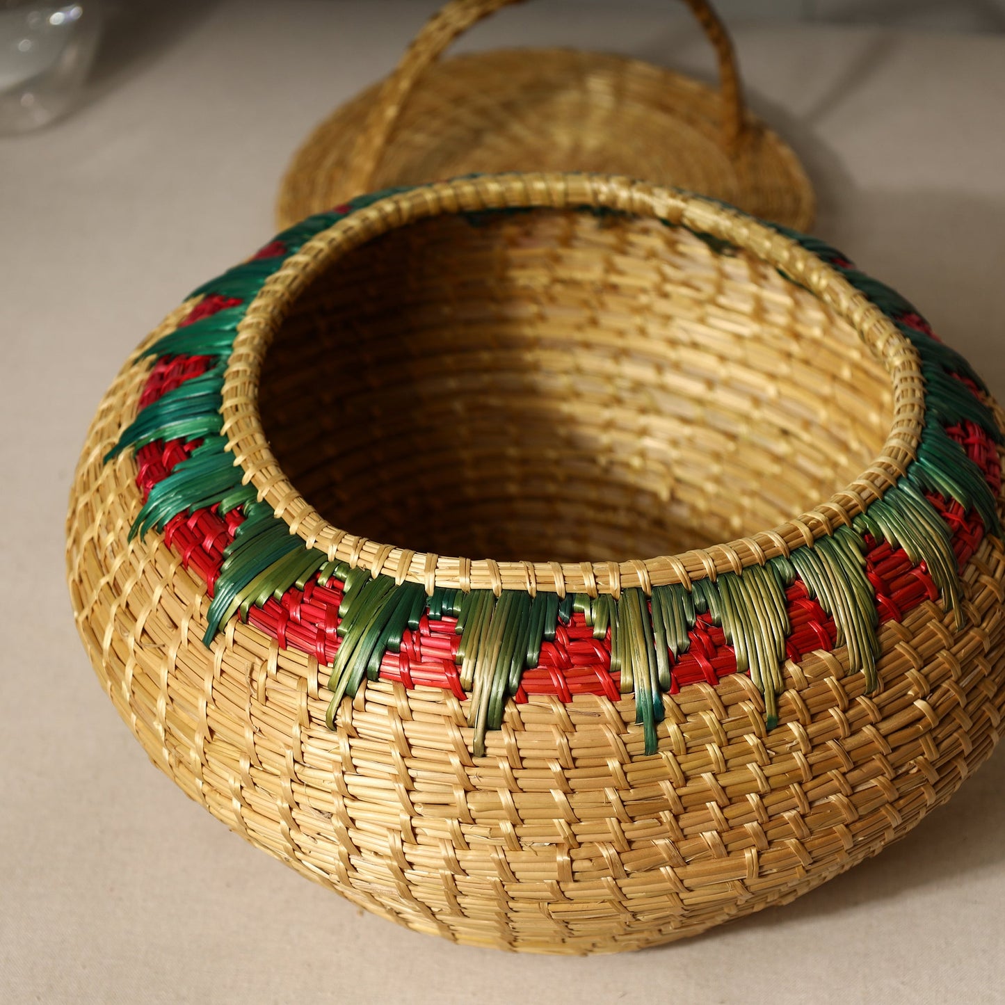 Beige Handmade Sikki Grass Multipurpose Basket with Lid