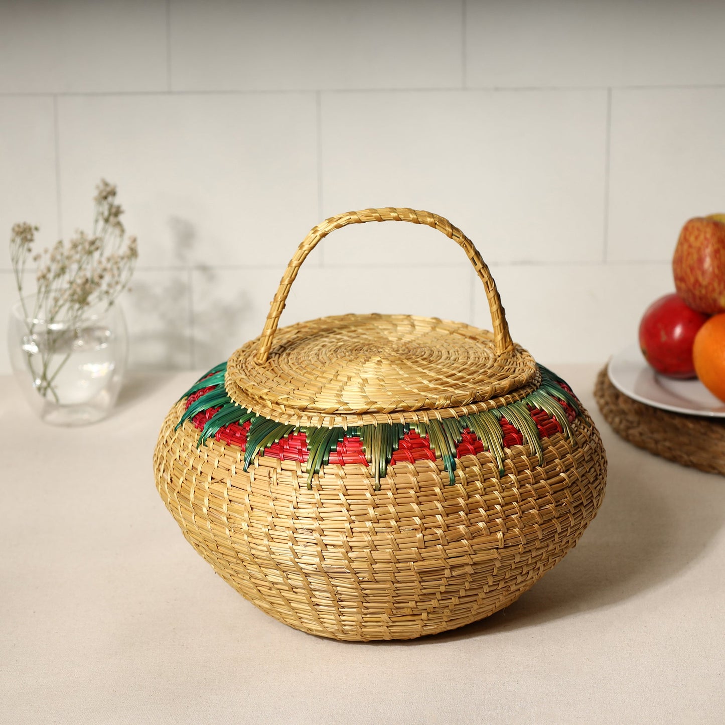 Beige Handmade Sikki Grass Multipurpose Basket with Lid