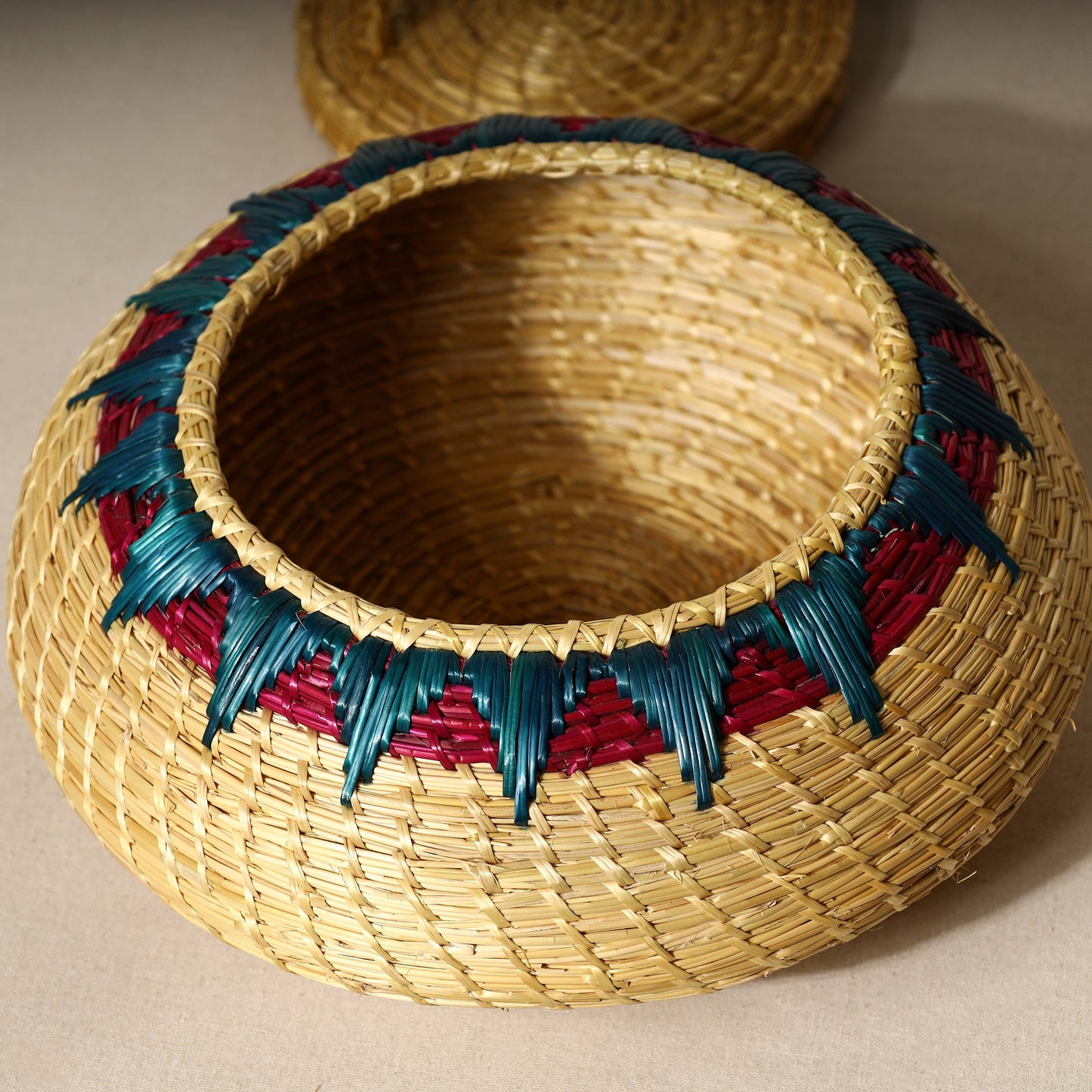 Beige Handmade Sikki Grass Multipurpose Basket with Lid