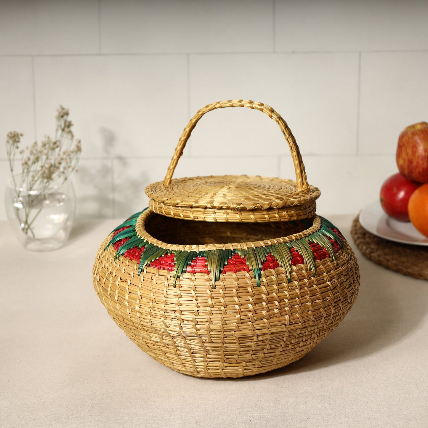 Beige Handmade Sikki Grass Multipurpose Basket with Lid