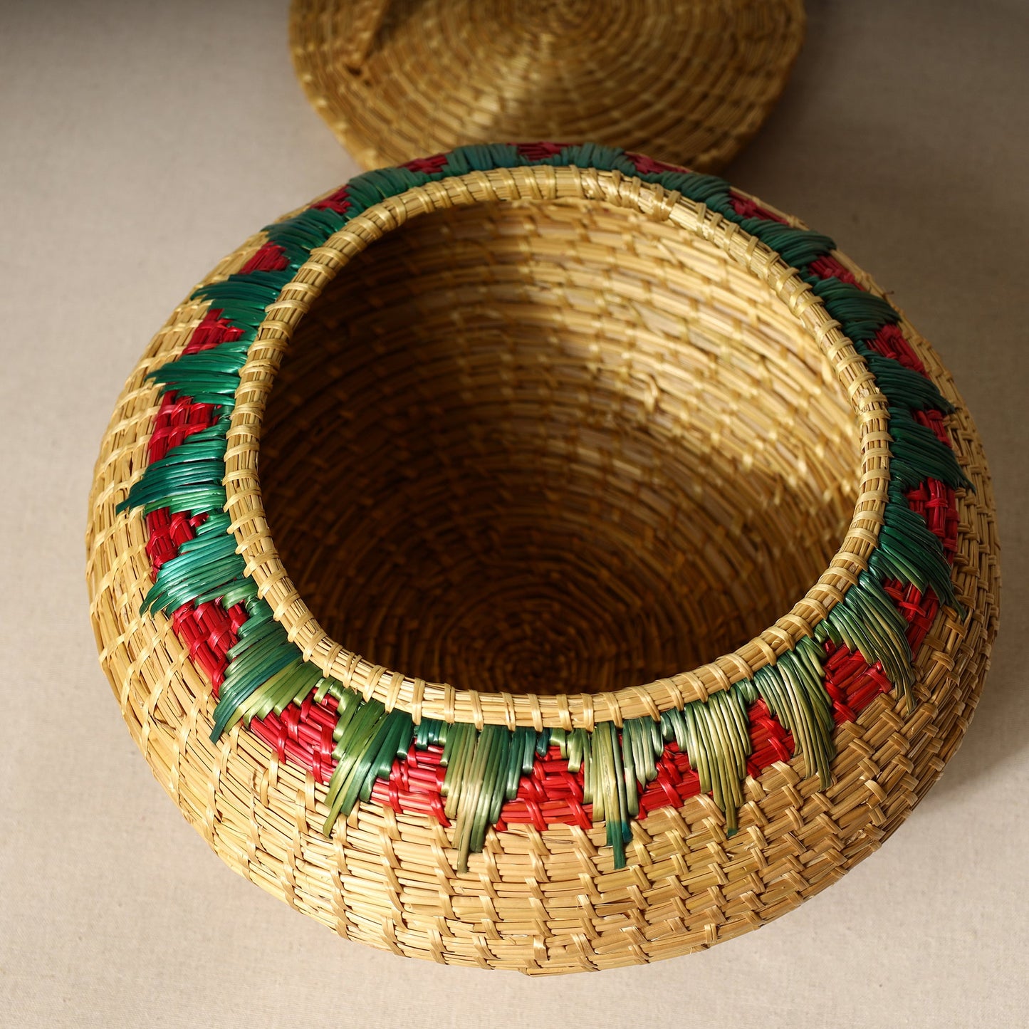 Beige Handmade Sikki Grass Multipurpose Basket with Lid
