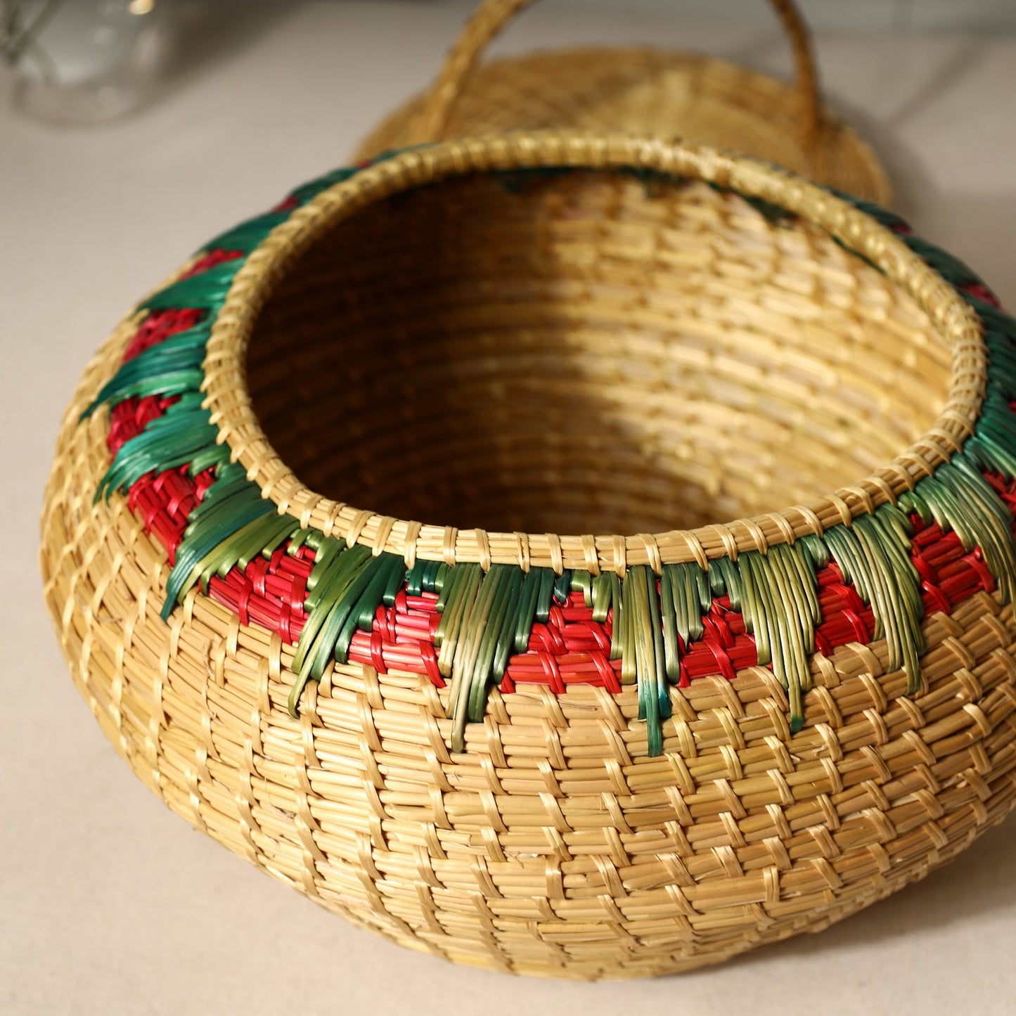 Beige Handmade Sikki Grass Multipurpose Basket with Lid
