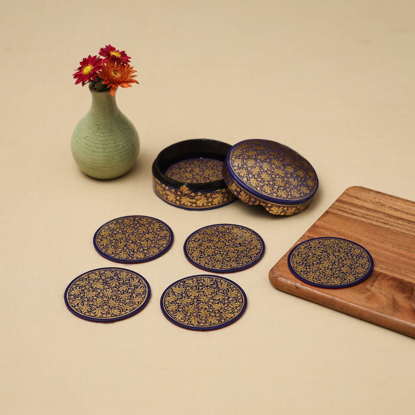 Beige - handpainted paper mache coaster with box (set of 6)