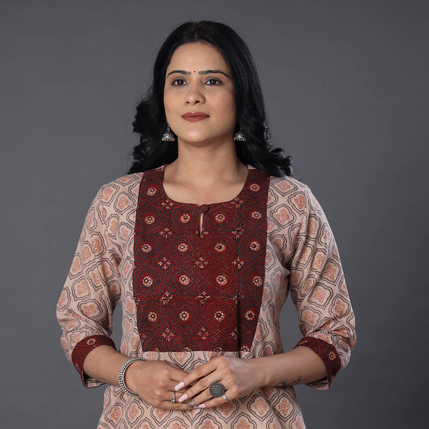 Beige Handwoven Wool Pedana Kalamkari Print Kurta For Women