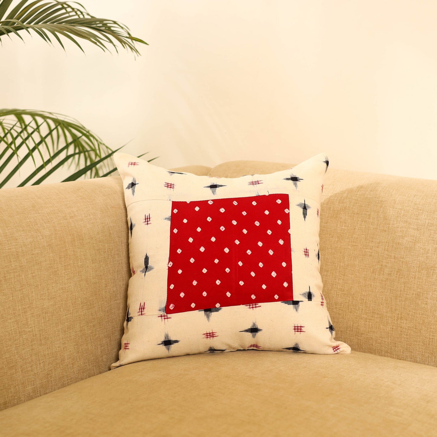Buy Beige Ikat Cotton with Bandhani Modal Silk Cushion Cover