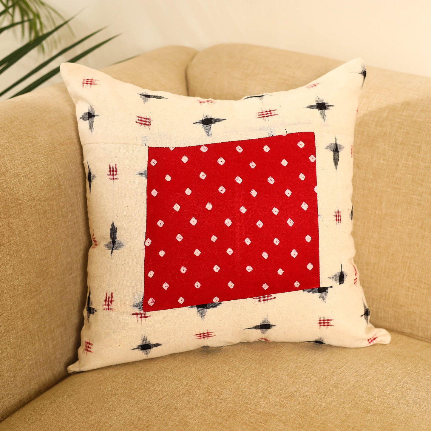 Buy Beige Ikat Cotton with Bandhani Modal Silk Cushion Cover