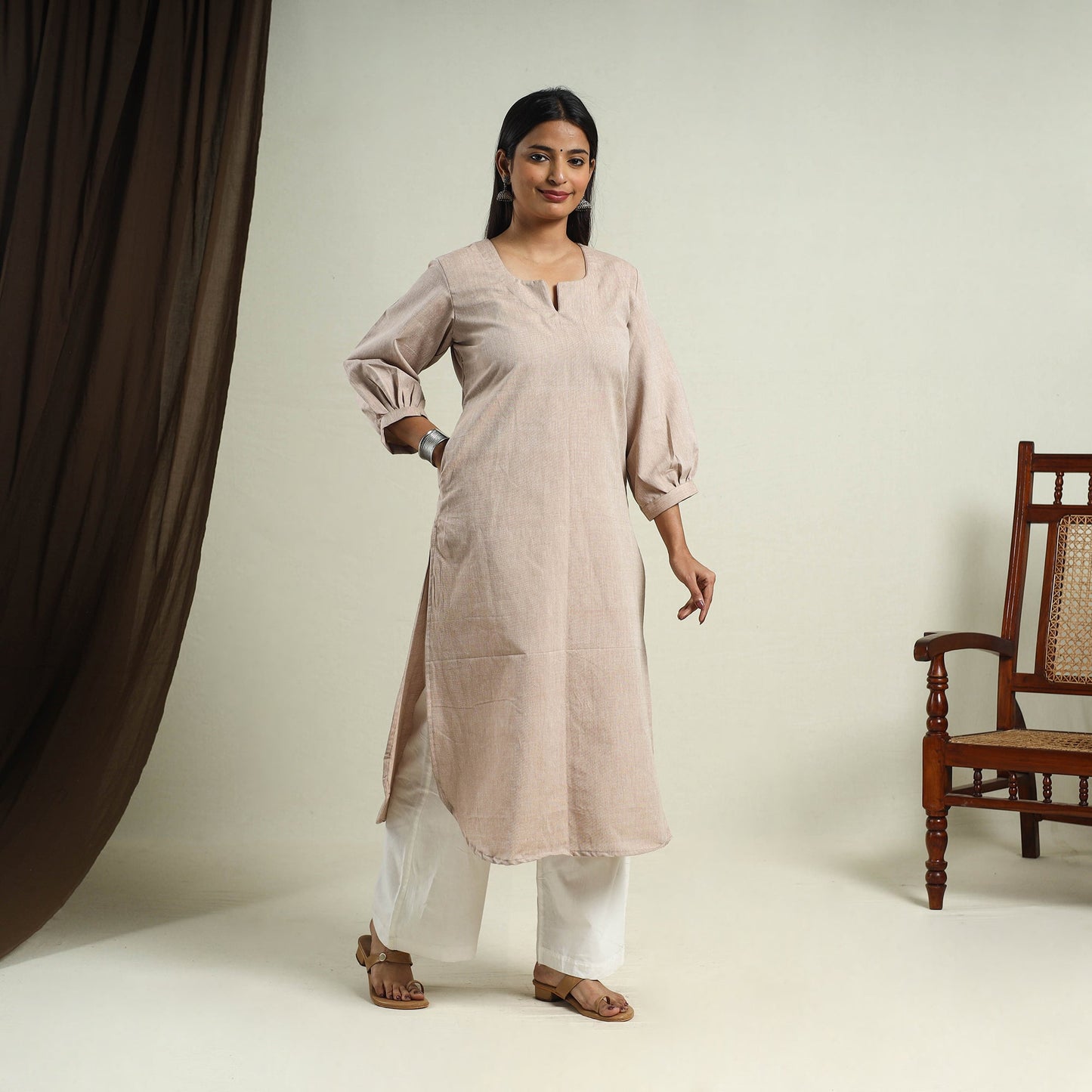 Beige Jhiri Handloom Straight Cotton Kurta for Women