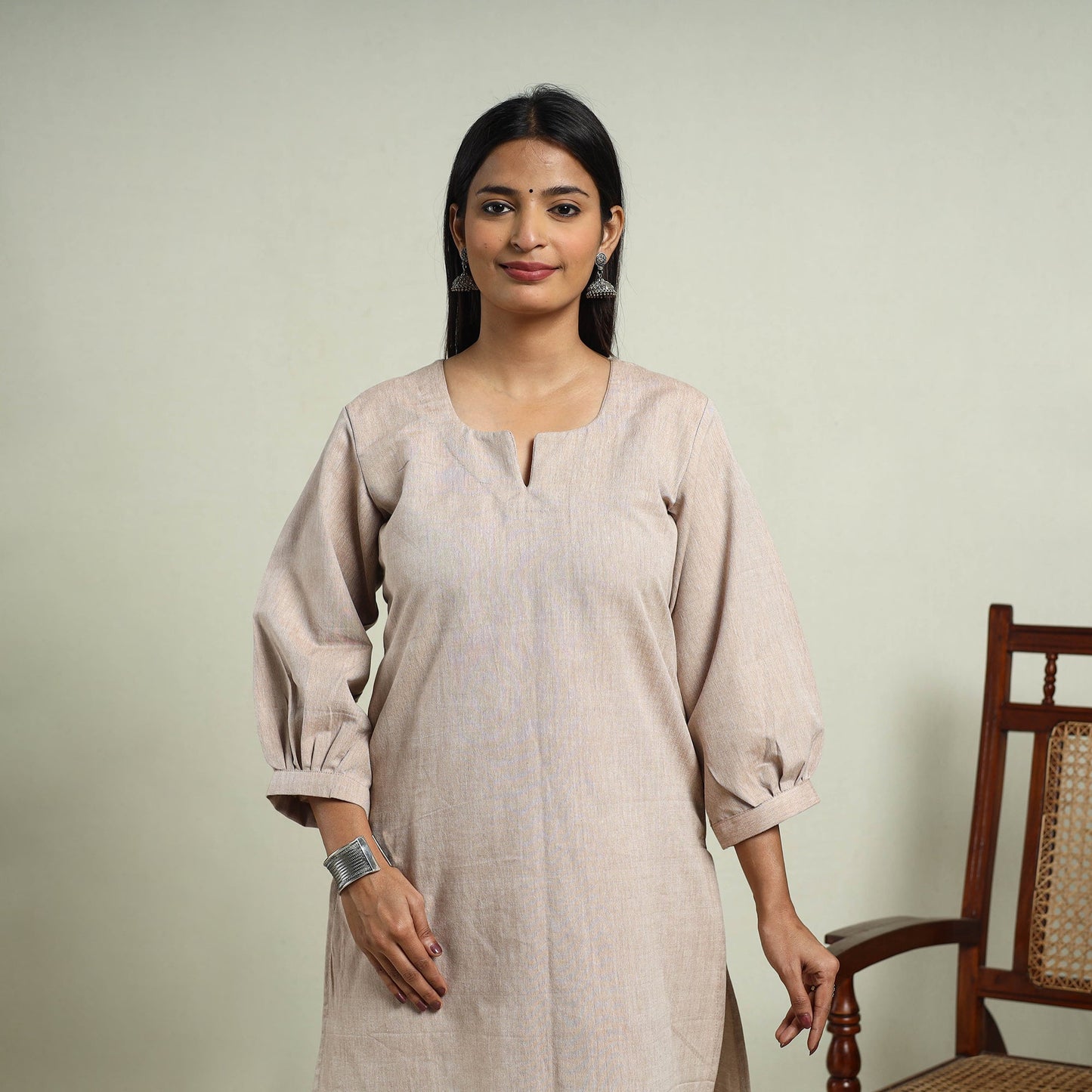 Beige Jhiri Handloom Straight Cotton Kurta for Women
