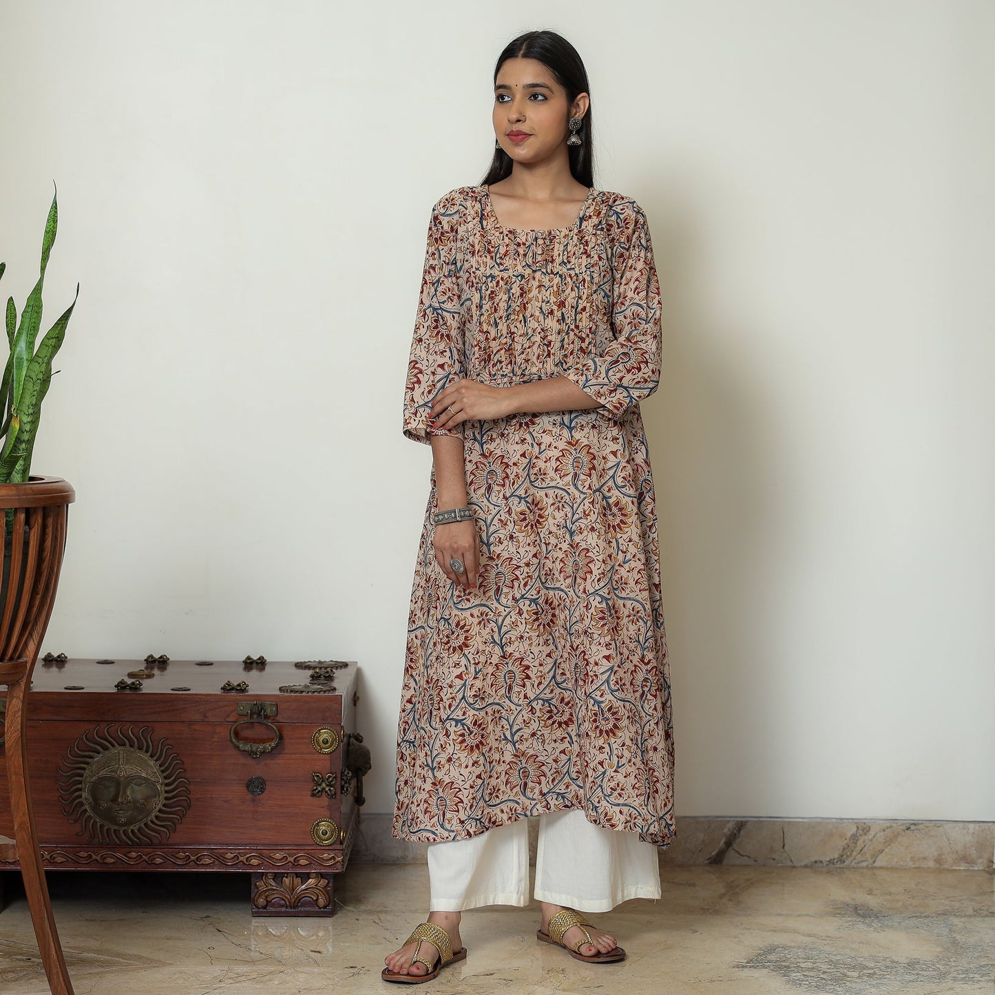 Kalamkari Block Print Mul Cotton Pintuck A-Line Kurta For Women