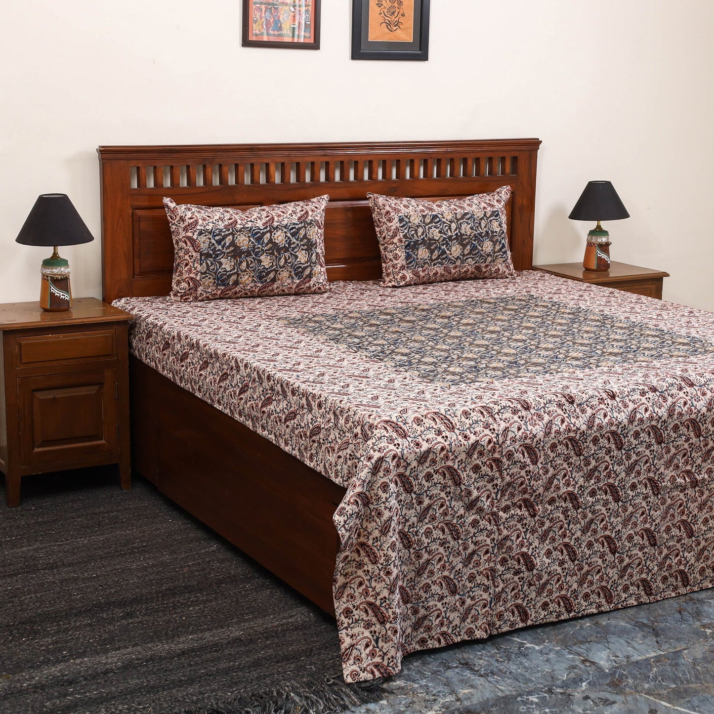 Kalamkari patchwork cotton bedsheet set 35 - handcrafted