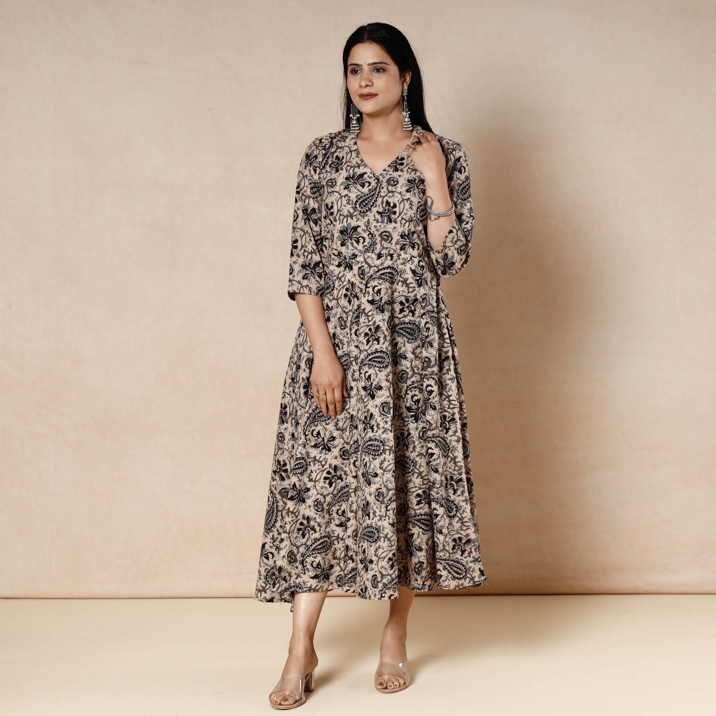 Beige - kalamkari block printed cotton flared gher dress