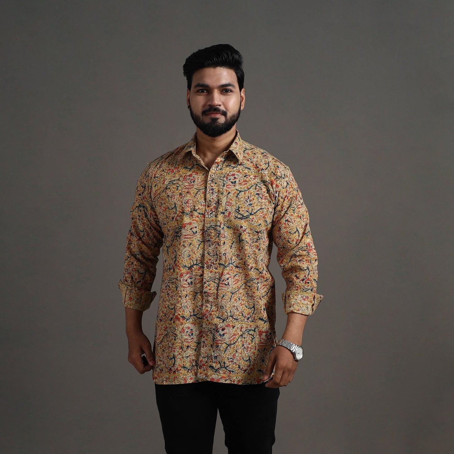 Beige Kalamkari Block Printed Cotton Men Full Sleeve Shirt