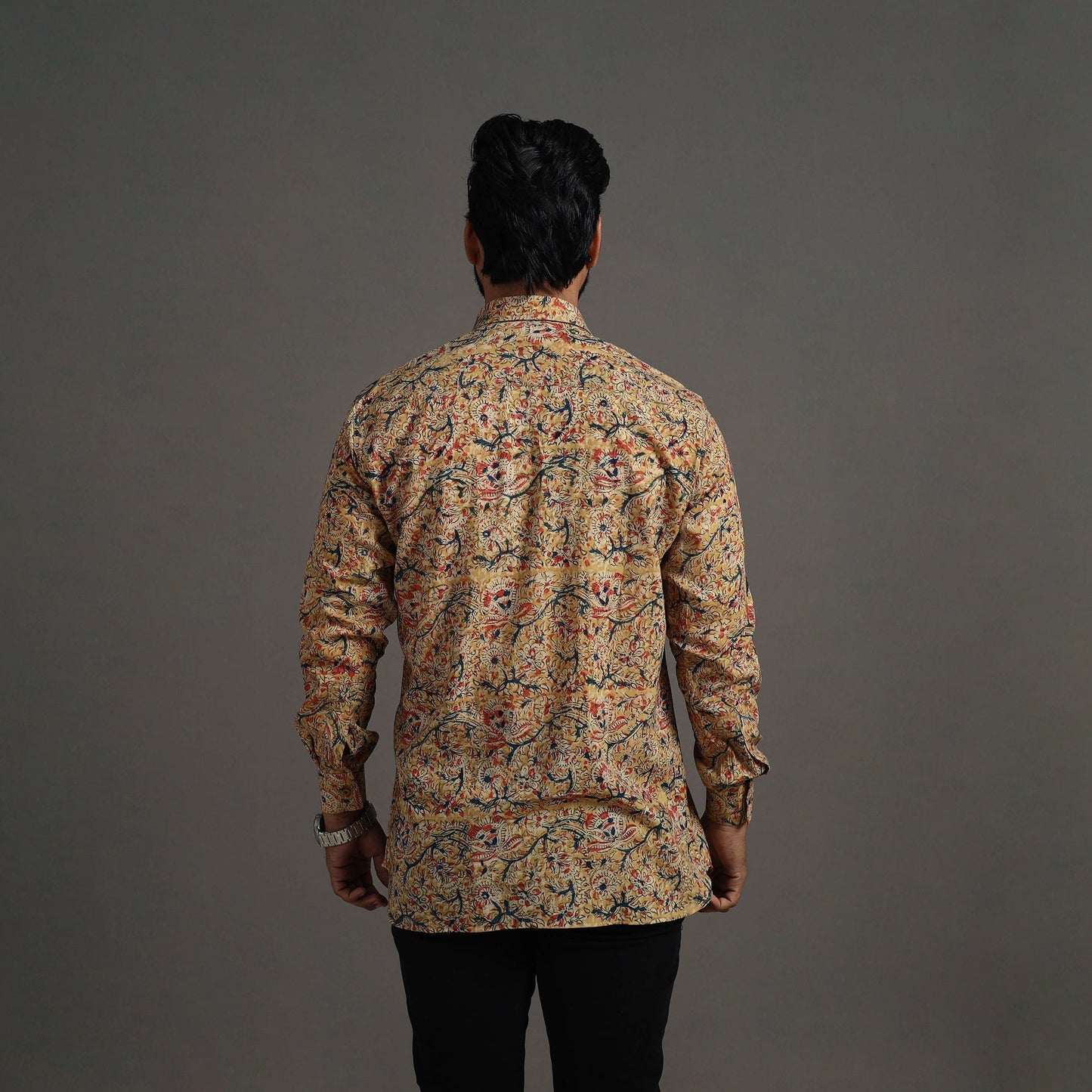 Beige Kalamkari Block Printed Cotton Men Full Sleeve Shirt
