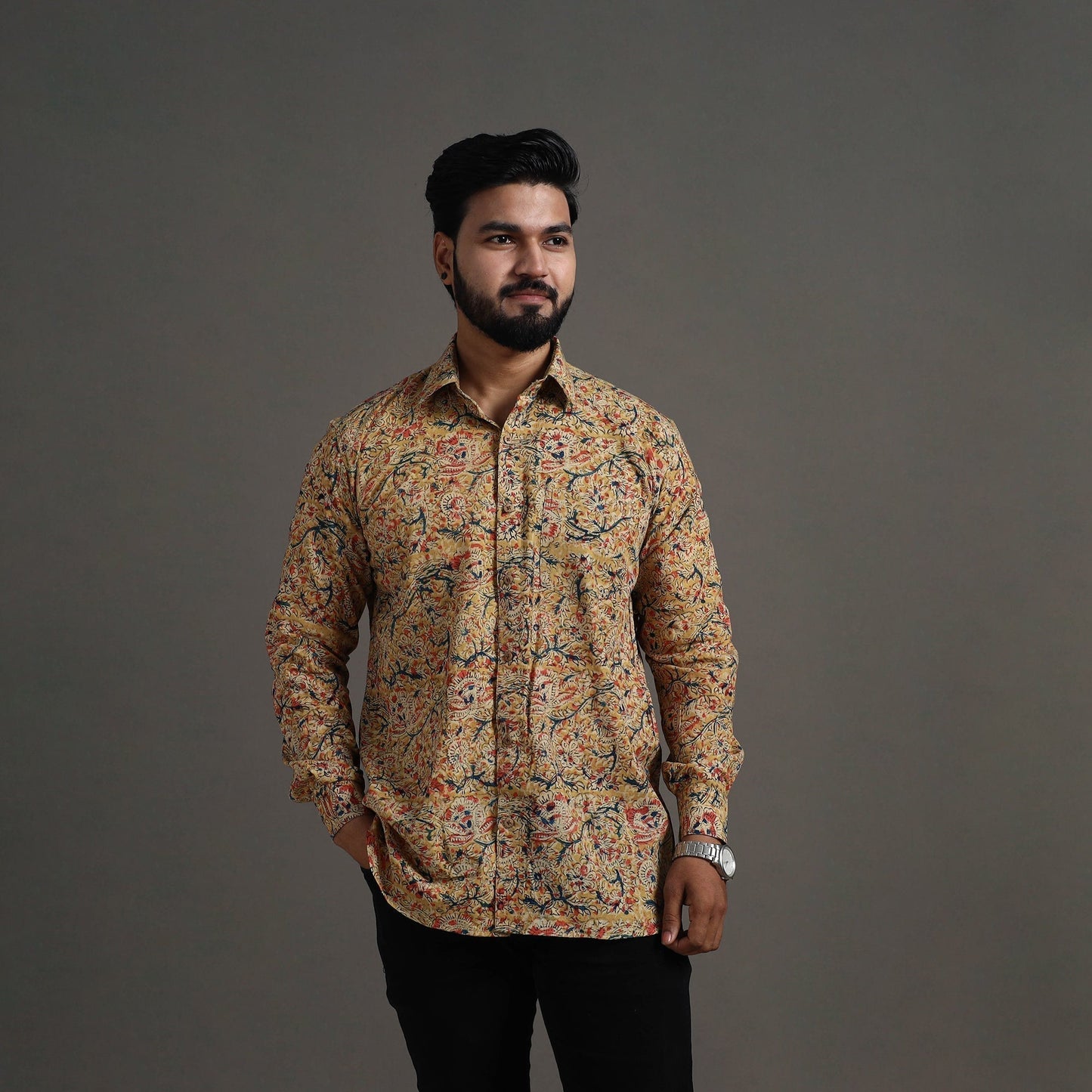 Beige Kalamkari Block Printed Cotton Men Full Sleeve Shirt