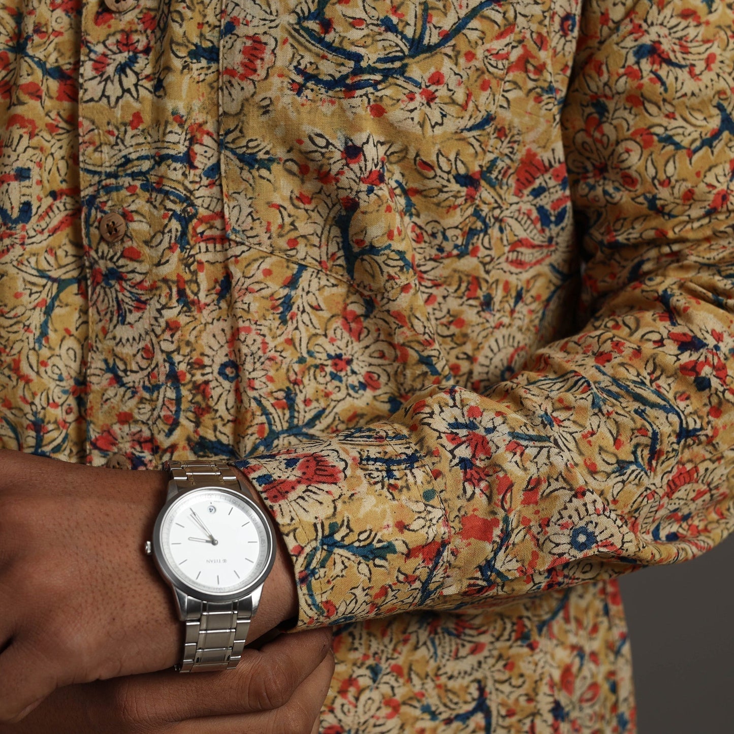 Beige Kalamkari Block Printed Cotton Men Full Sleeve Shirt