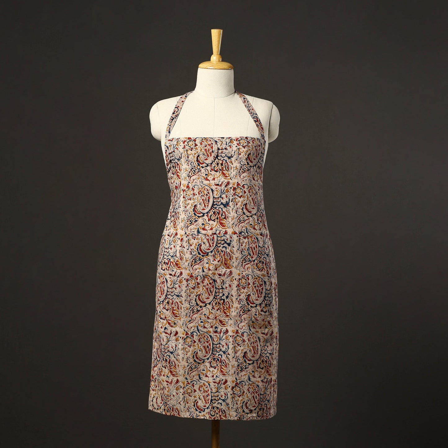 Beige Kalamkari Block Print Cotton Apron with Pocket